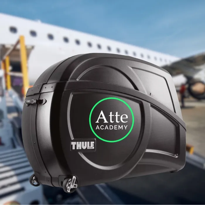 Bike travel case with the Atte ACADEMY logo